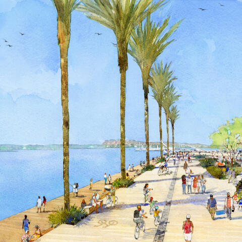 Artist rendering of people walking along the waterfront