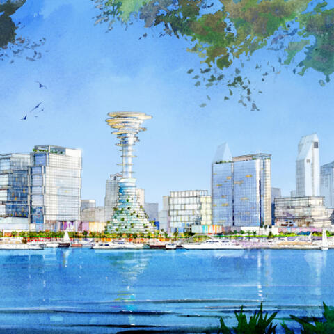 Artist rendering of view over the water of San Diego Bay