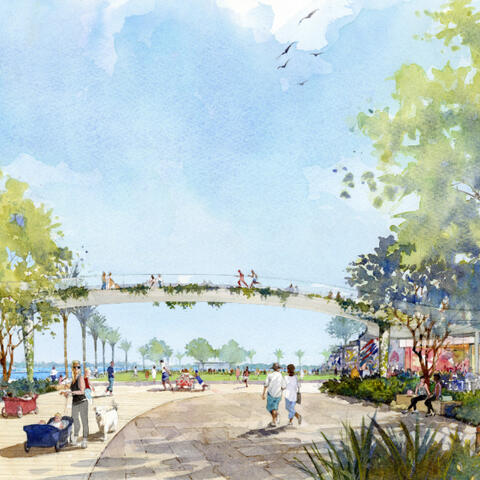 Artist rendering of people walking along the waterfront