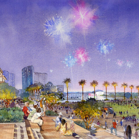 Artist rendering of people walking along the waterfront