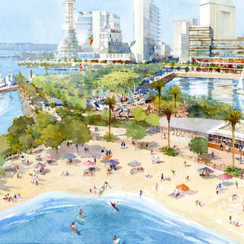 Artist rendering of Marina park North with potential beach