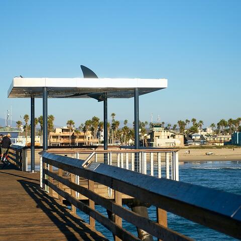 Photo of new IB Pier shade canopy with shark fin on top.