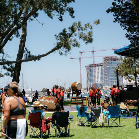 a wide shot of the park with people