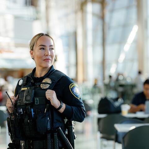 an officer scans the crowd at the airport