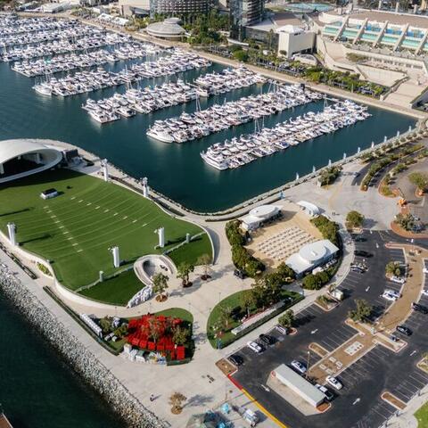 Aerial of San Diego Bay and Embarcadero marina Park South